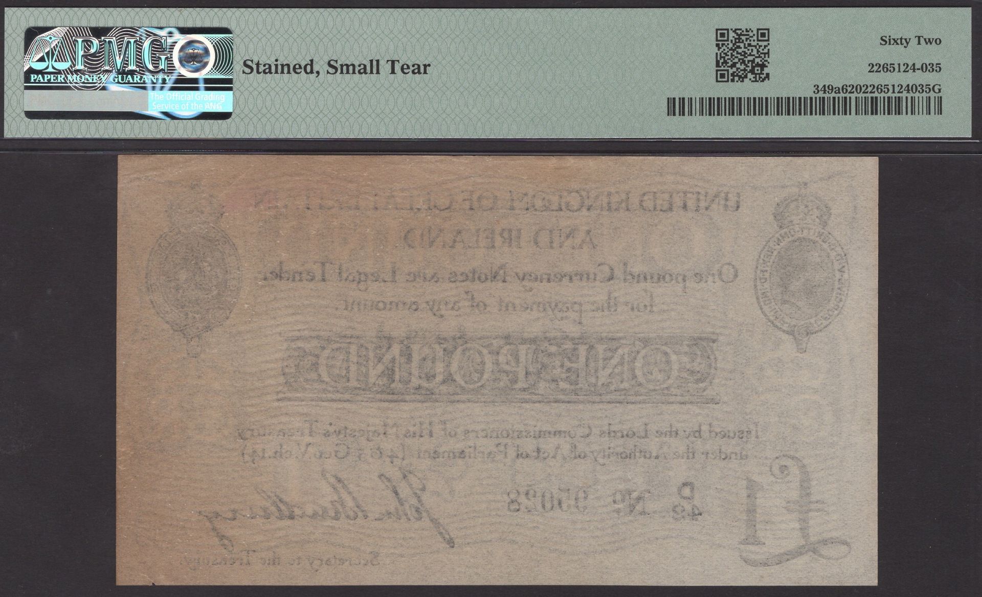 Treasury Series, John Bradbury, Â£1, 23 October 1914, serial number D/42 95028, small tear, s... - Image 2 of 2