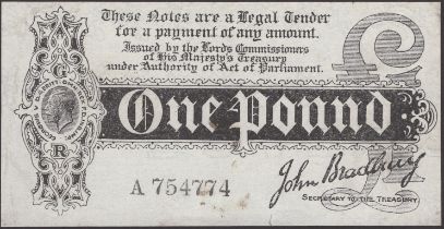 Treasury Series, John Bradbury, Â£1, 7 August 1914, serial number A754774, sideways watermark...