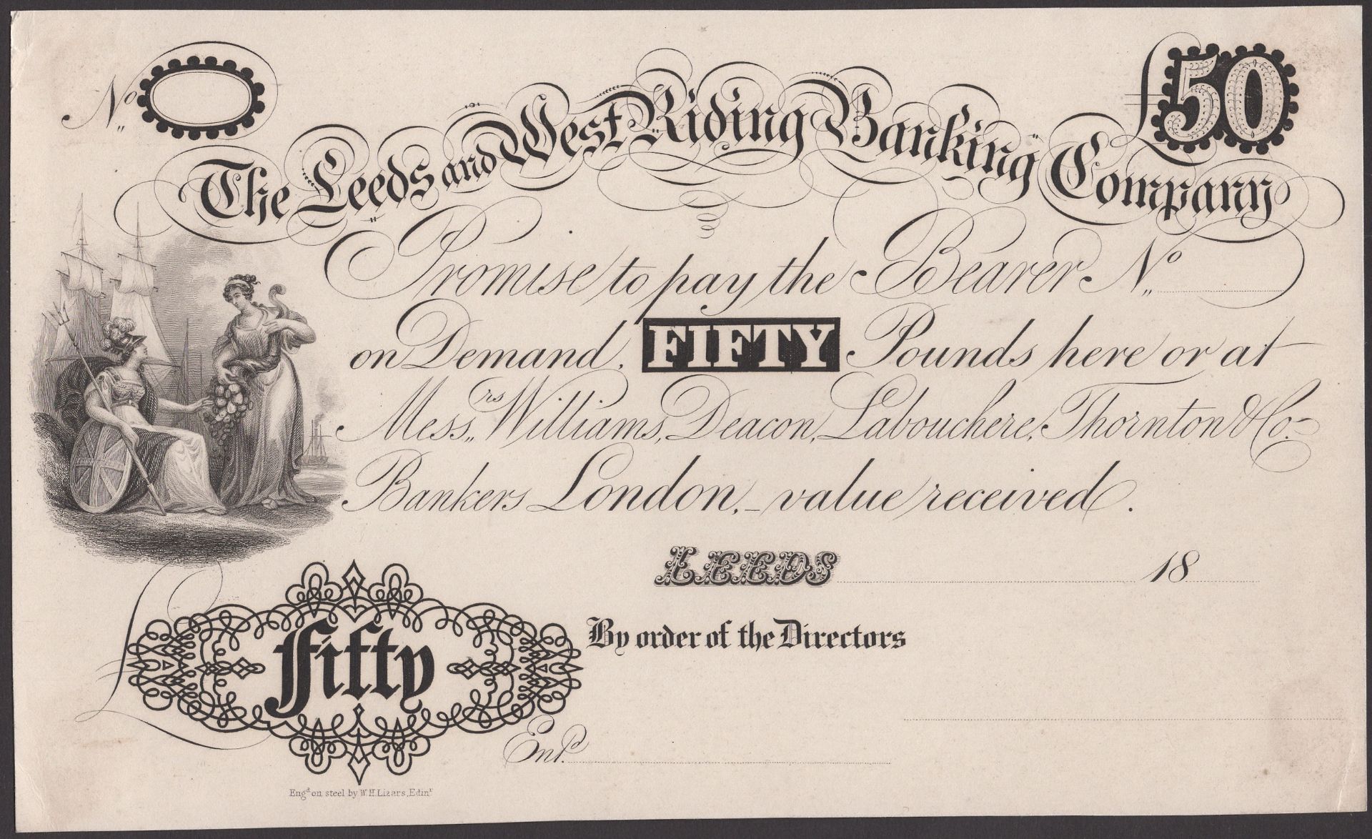 The Leeds & West Riding Banking Company, proof Â£50, 18-, no serial number, black print on th...