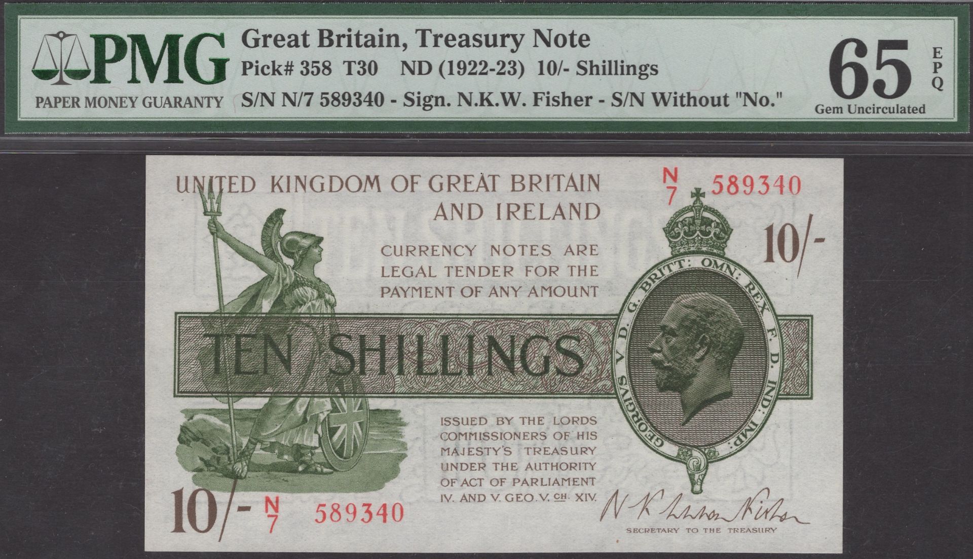Treasury Series, Warren Fisher, 10 Shillings, 6 November 1922, serial number N/7 589340, in...