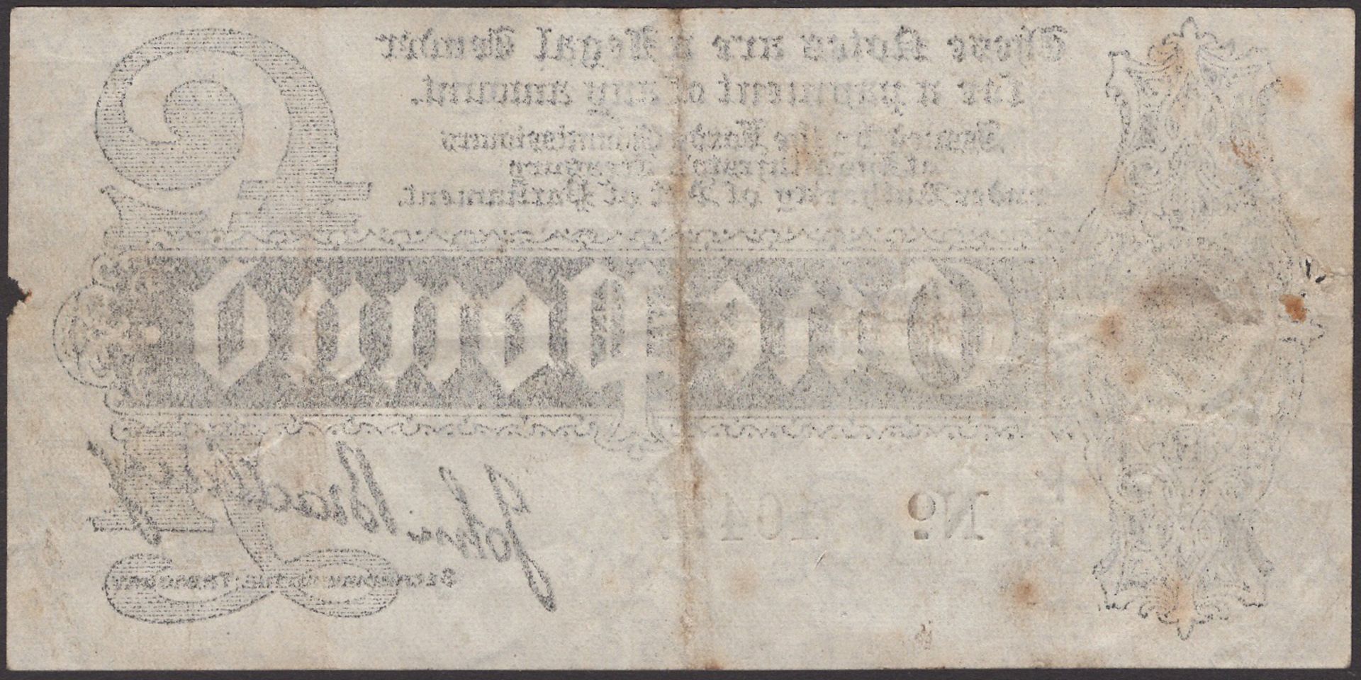 Treasury Series, John Bradbury, Â£1, 7 August 1914, serial number K/18 10477, a few spots and... - Bild 2 aus 2