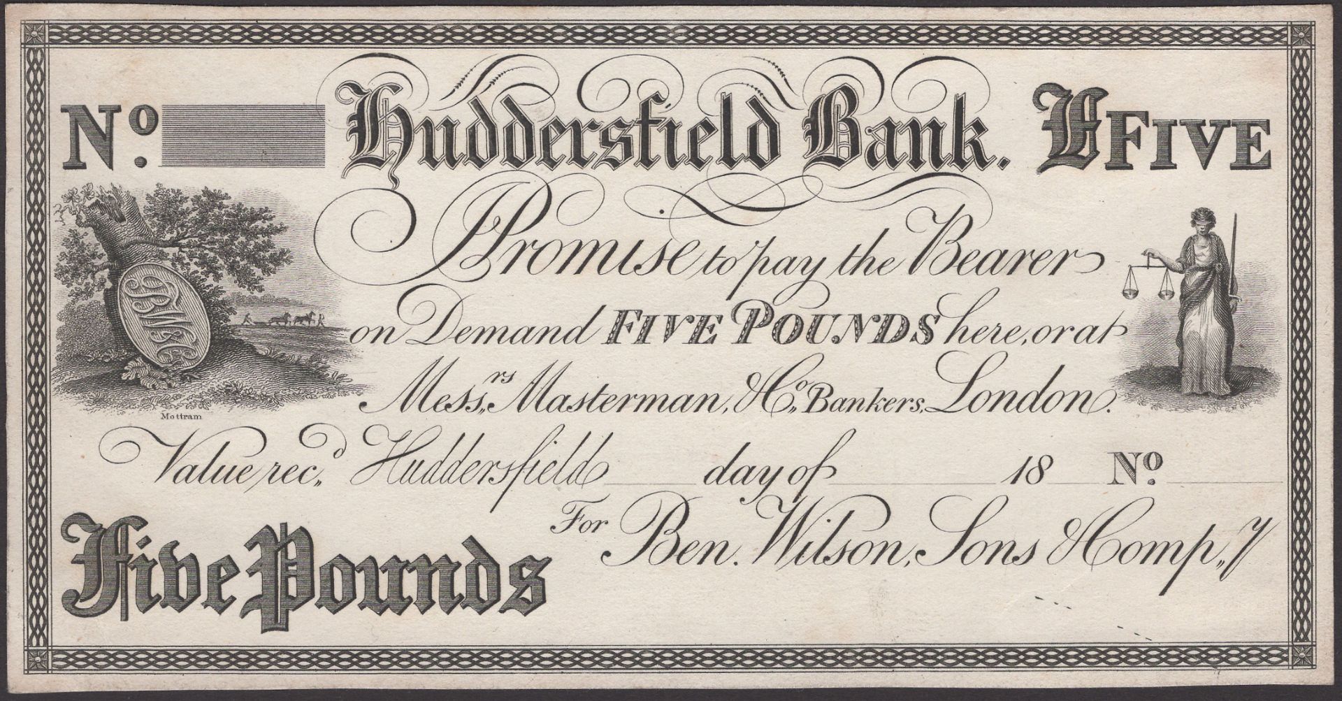 Huddersfield Bank, for Ben. Wilson, Sons & Compy, proof for Â£5, ND (18-), no serial number o...