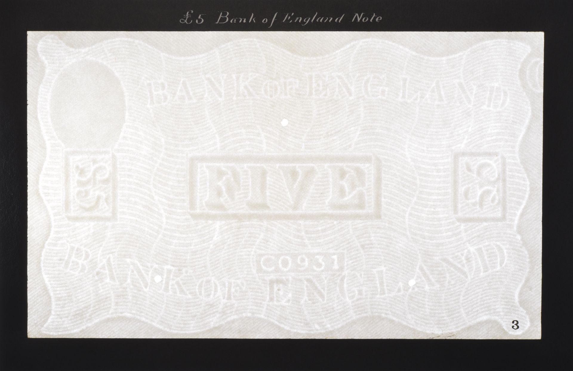Bank of England, Basil G. Catterns, watermarked paper for Â£5, produced 9th week of 1931, glu...
