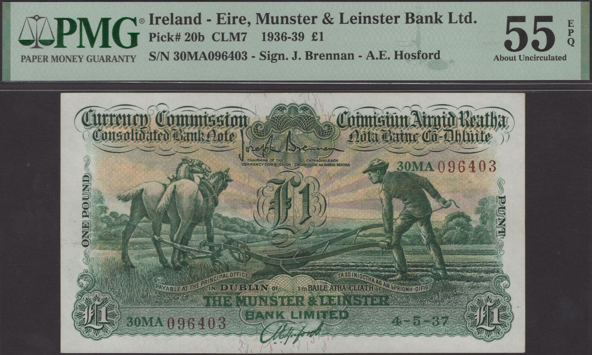 Currency Commission, Munster & Leinster Bank Ltd, Â£1, 4 May 1937, mulberry serial number 30M...