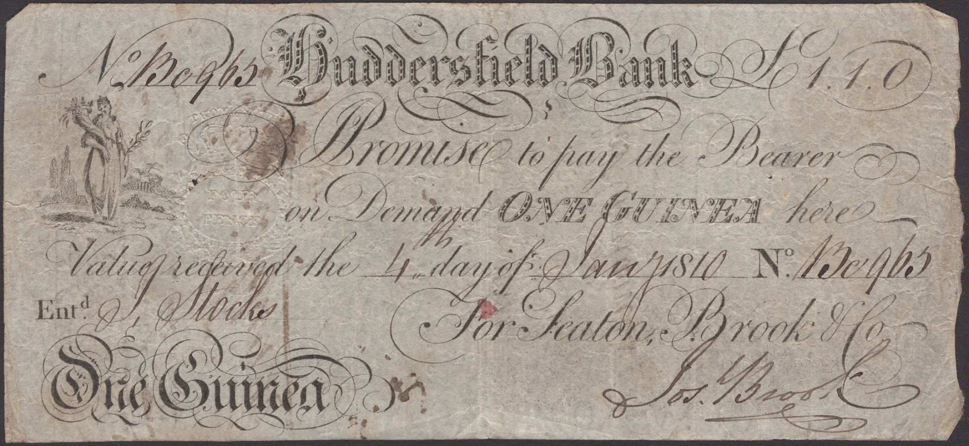 Huddersfield Bank, for Seaton, Brook & Co., 1 Guinea, 4 January 1810 serial number B0965, si...