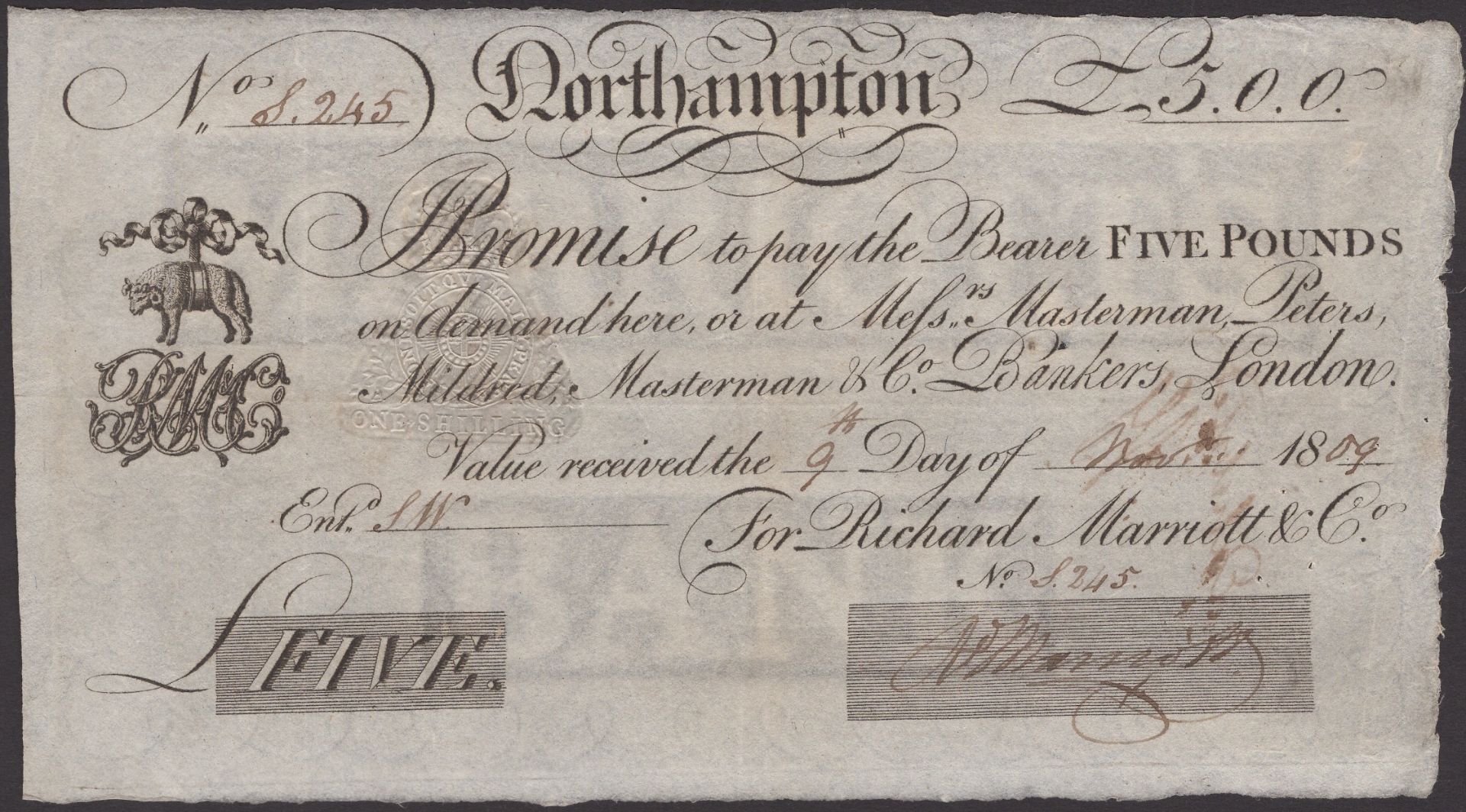 Northampton Bank, for Richard Marriott & Co., Â£5, 9 November 1809, serial number S.245, Marr...