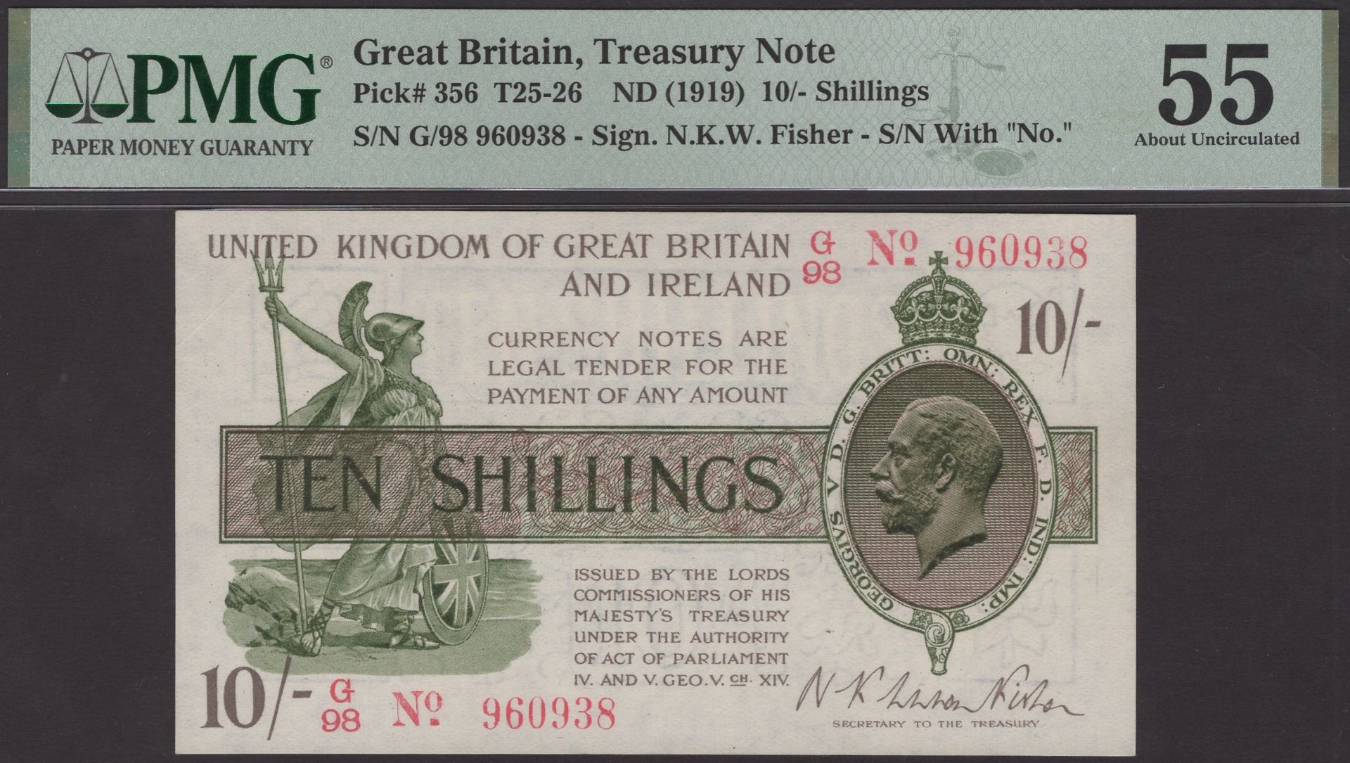 Treasury Series, Warren Fisher, 10 Shillings, 30 September 1919, serial number G/98 960938 (...