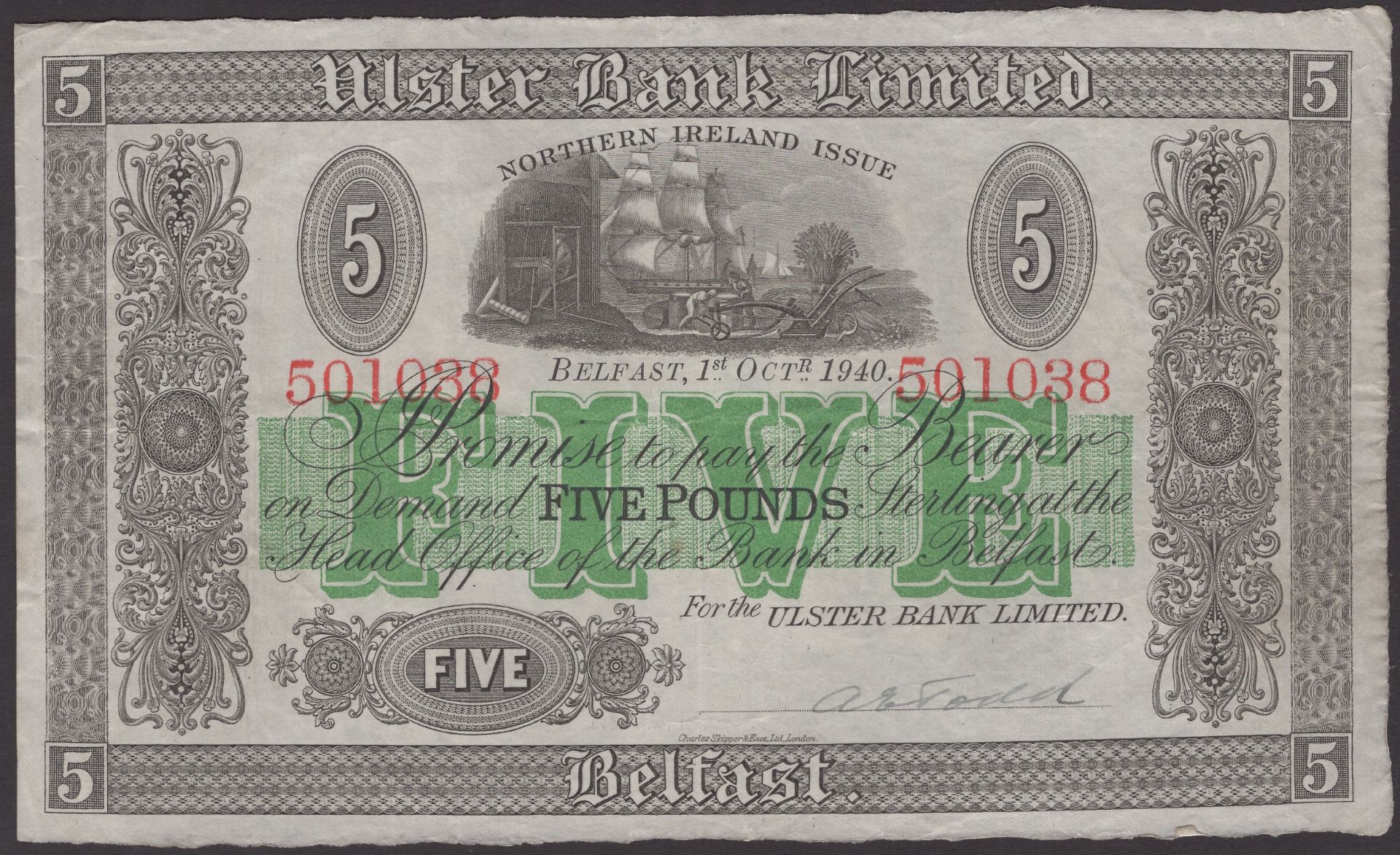Ulster Bank Limited, Â£5, 1 October 1940, serial number 501038, Todd signature, fresh origina...