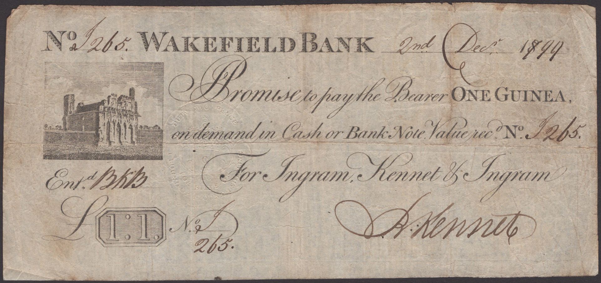 Wakefield Bank, for Ingram, Kennet & Ingram, 1 Guinea, 2 December 1799, serial number I265,...