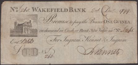 Wakefield Bank, for Ingram, Kennet & Ingram, 1 Guinea, 2 December 1799, serial number I265,...