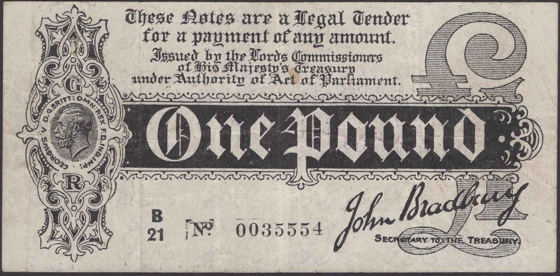 Treasury Series, John Bradbury, Â£1, 7 August 1914, serial number B/21 0035554, with smaller...