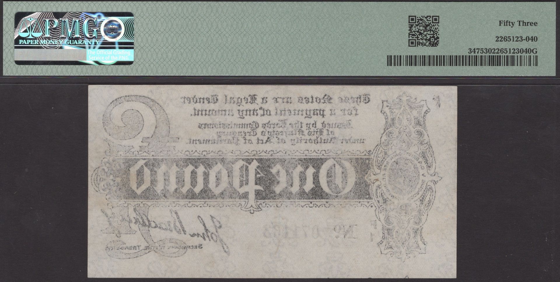 Treasury Series, John Bradbury, Â£1, 7 August 1914, serial number F/1 071163, in PMG holder 5... - Image 2 of 2