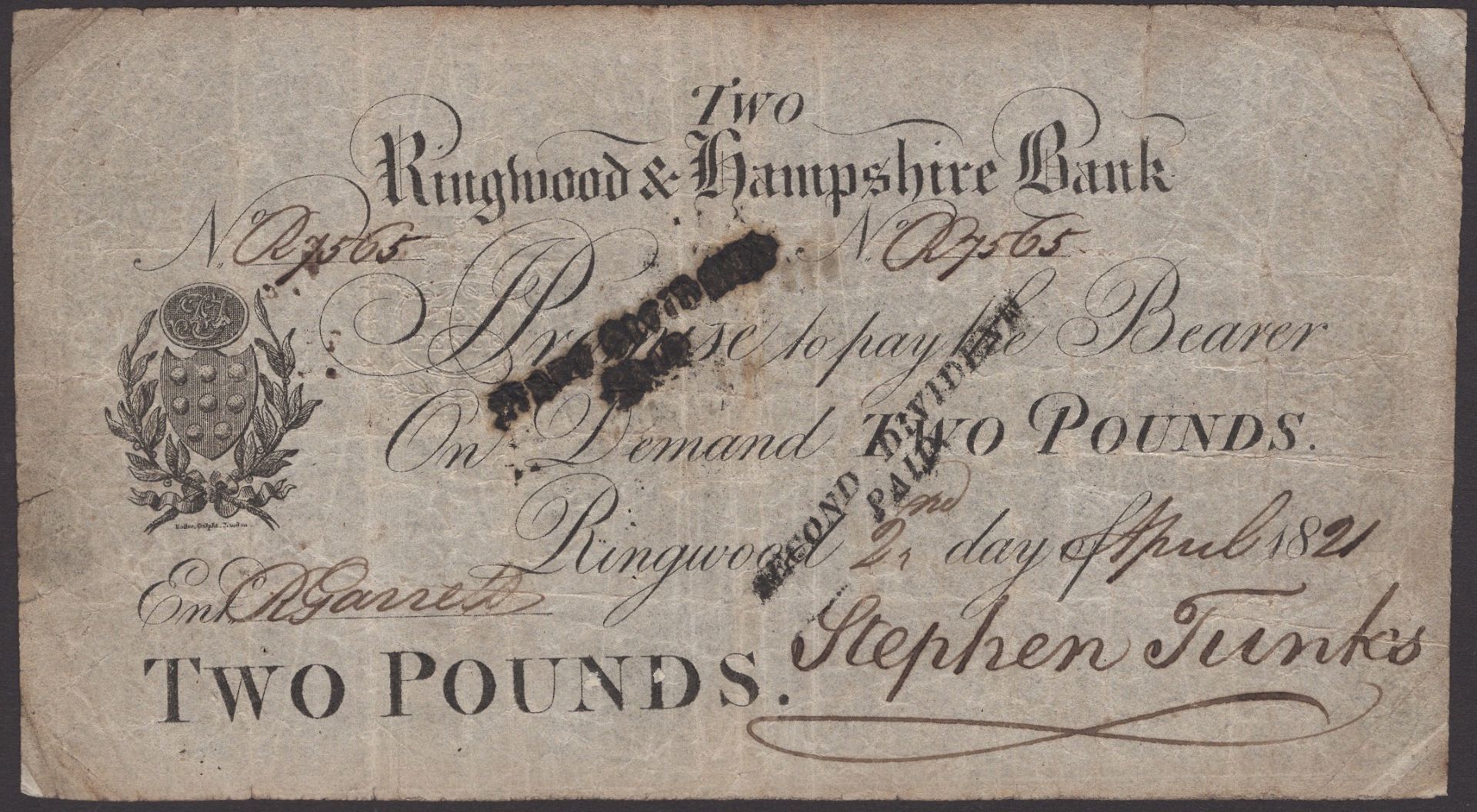 Ringwood & Hampshire Bank, for Stephen Tunks, Â£2, 2 April 1821, serial number R7565, Stephen...