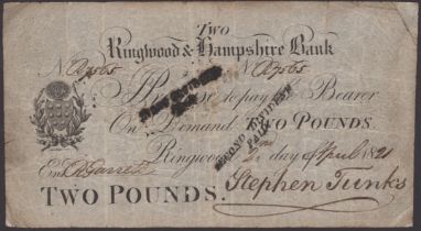 Ringwood & Hampshire Bank, for Stephen Tunks, Â£2, 2 April 1821, serial number R7565, Stephen...