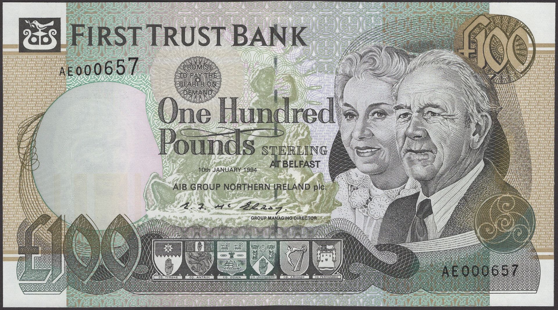 First Trust Bank, Â£100, 10 January 1994, serial number AE000657, McElroy signature, uncircul...