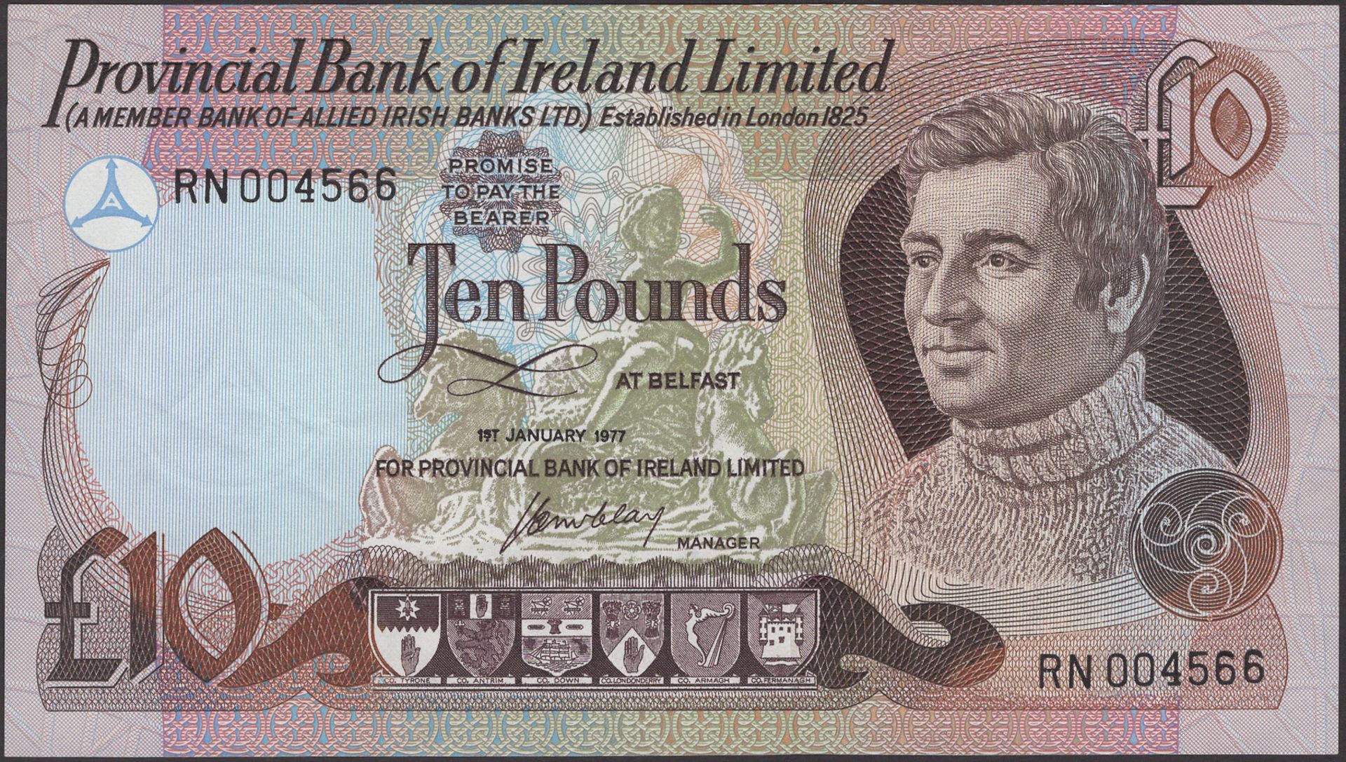 Provincial Bank of Ireland Ltd, Â£10, 1 January 1977, serial number RN004566, McClay signatur...