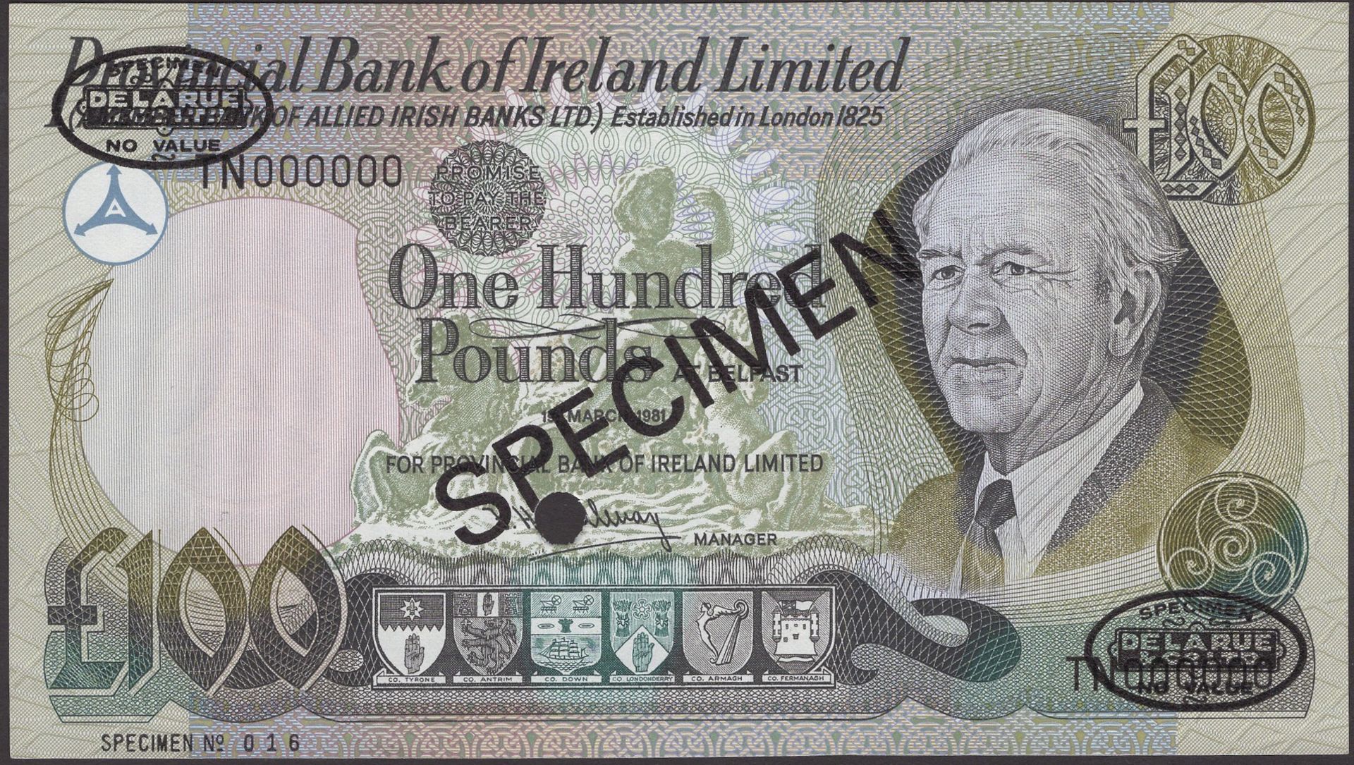 Provincial Bank of Ireland Ltd, specimen Â£100, 1 March 1981, serial number TN000000, Hollway...