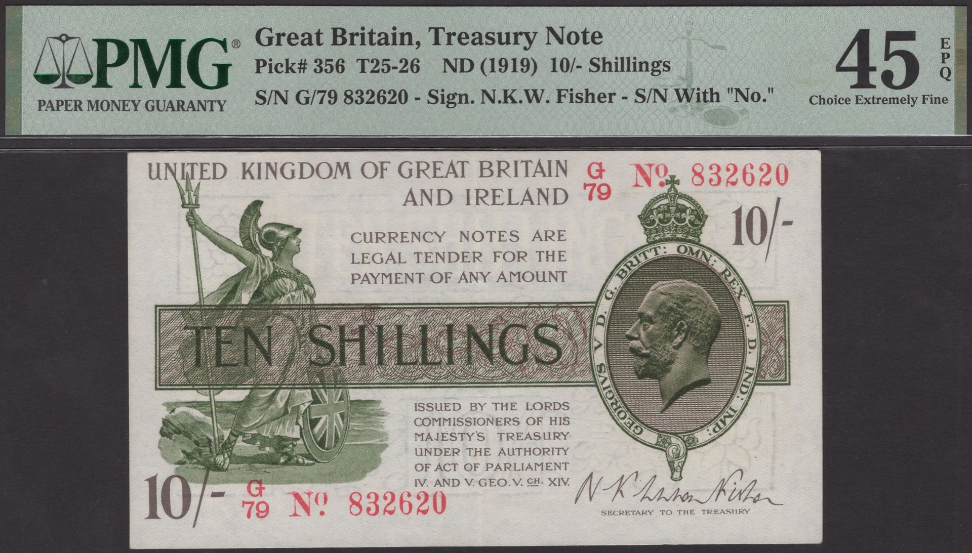 Treasury Series, Warren Fisher, 10 Shillings, 30 September 1919, serial number G/79 832620 (...