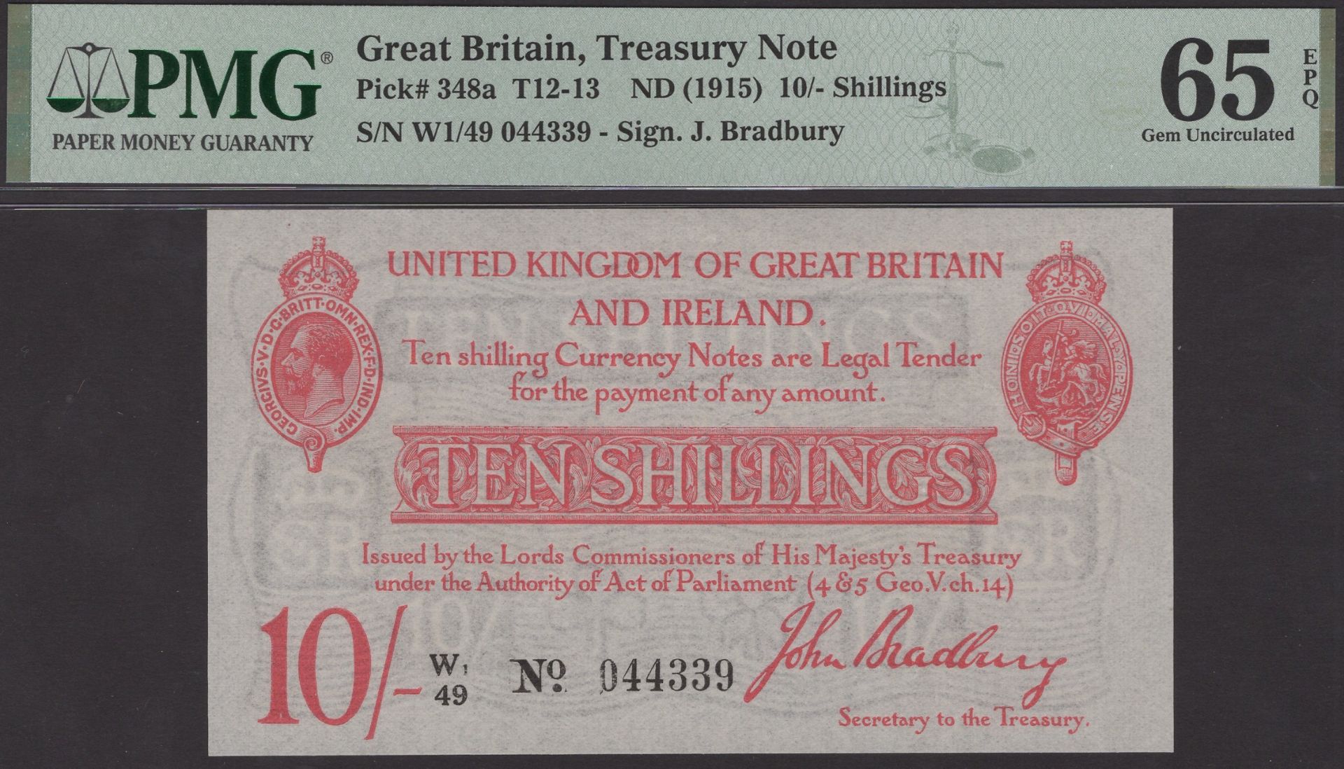 Treasury Series, John Bradbury, 10 Shillings, 21 January 1915, serial number W1/49 044339, i...
