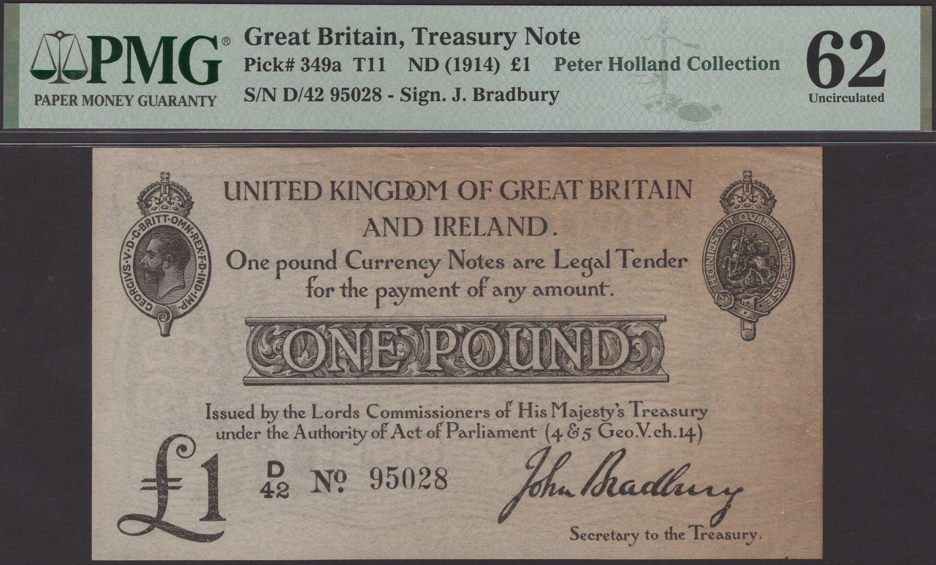 Treasury Series, John Bradbury, Â£1, 23 October 1914, serial number D/42 95028, small tear, s...
