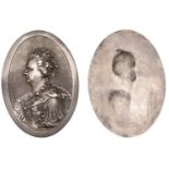 Queen Anne, undated, a cast uniface silver plaque, by J. O'Brisset, crowned bust left, ornat...