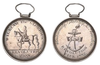 [Edinburgh] Revolution Club, 1775, an engraved silver medal or pass, unsigned, equestrian fi...