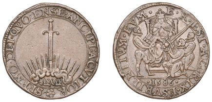 Assistance Given to the United Provinces, 1586, a copper jeton, unsigned, Elizabeth I enthro...