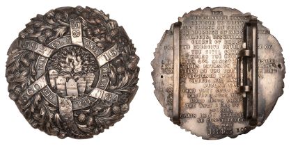 Foundation of the Free Church of Scotland, 1843, a hollow silver medallic badge, tablets and...