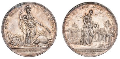 Jernegan's Lottery, 1736, a silver medal by J.S. Tanner, Minerva standing between trophies a...