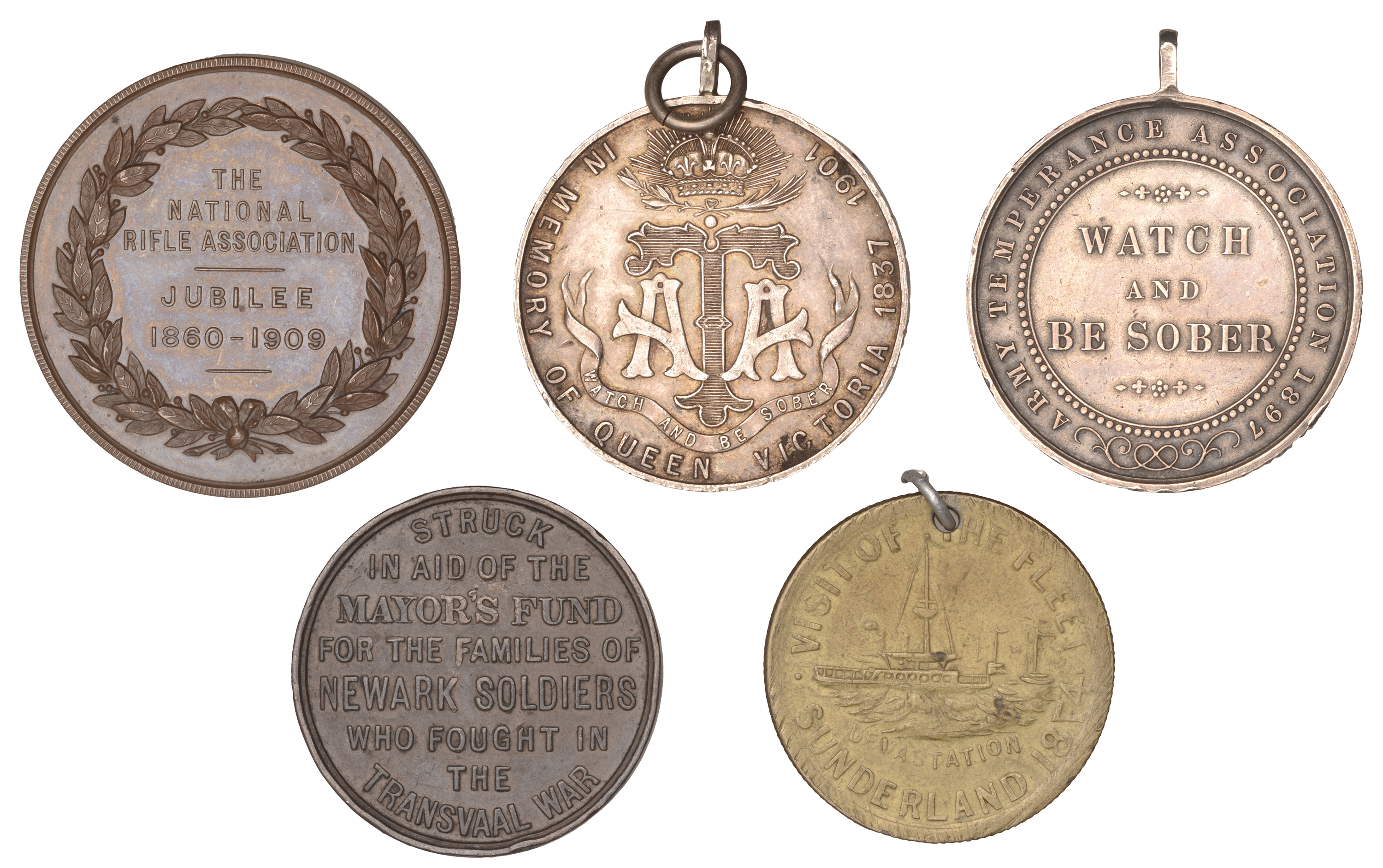 Visit of the Fleet to Sunderland, 1874, a brass medal, unsigned, 30mm (BHM 2988); Army Tempe... - Image 2 of 2