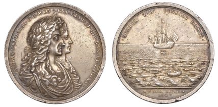 Spanish Wreck Recovered, 1687, a silver medal by G. Bower, conjoined busts of James II and M...