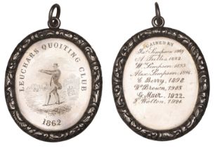 Leuchars Quoiting Club, 1862, an engraved silver award medal, unsigned, gentleman playing qu...