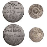 Jacobite, c. 1740 (?), a George II (?) Halfpenny, both sides planed flat and engraved (God B...