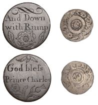 Jacobite, c. 1740 (?), a George II (?) Halfpenny, both sides planed flat and engraved (God B...