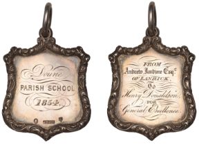 Doune (Perthshire) Parish School, 1854, a shield-shaped silver award medal by J. Nasmyth & C...