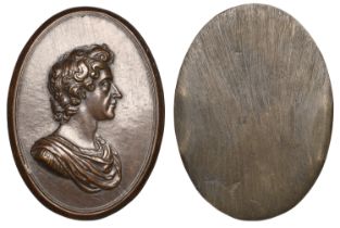 James II, a uniface cast oval bronze plaque, unsigned [after J. O'Brisset], c. 1720, draped...