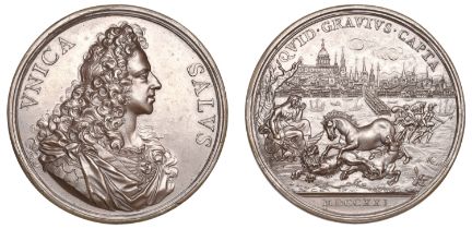 Appeal Against the House of Hanover, 1721, a bronze medal by E Hamerani, draped bust of Jame...