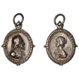 Charles I and Henrietta Maria, a cast and chased silver Royalist badge, unsigned, bare-heade...