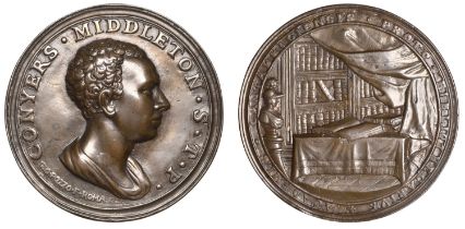 Conyers Middleton, 1724, a cast and chased bronze medal by G.B. Pozzo, bust right with short...