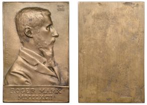 FRANCE, Roger Marx, 1892, a uniface cast bronze plaquette by D. Dupuis, bust right, 75 x 48m...
