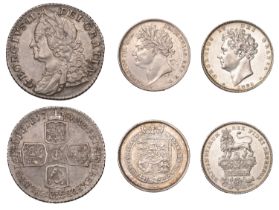 George II, Shilling, 1758 (S 3704); George IV, Sixpences (2), 1825, 1826 type 3 (S 3814-5) [...