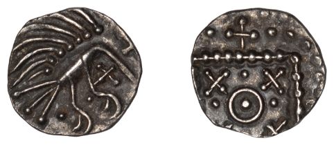 Early Anglo-Saxon Period, Sceatta, Continental series E/G mule, obv. variety K, plumed bird-...