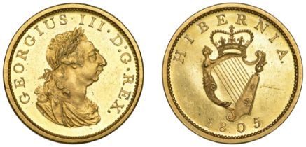 George III, Soho coinage, Proof Penny, 1805, in gilt-copper, edge centre-grained, 17.53g/6h...