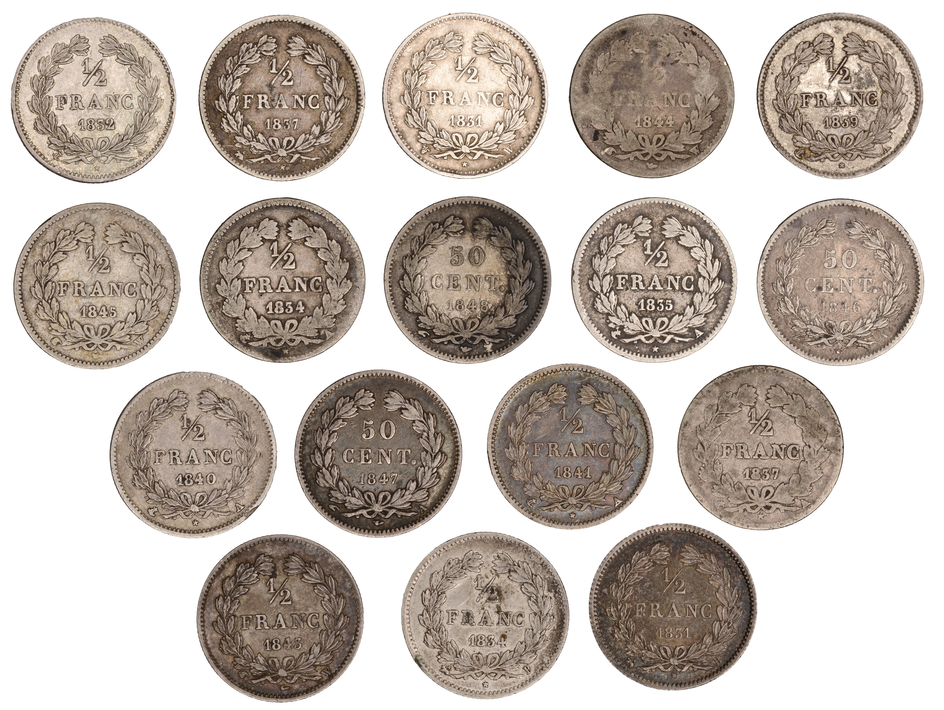 Louis Philippe, Half-Francs (14), 1831b, 1831w, 1832a, 1834a, 1834b, 1835a, 1837a, 1837b, 18... - Image 2 of 2