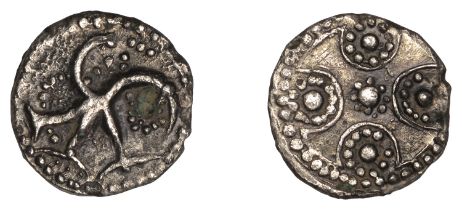 Early Anglo-Saxon Period, Sceatta, Secondary series H, type 39, stylised peacock right, rev....