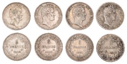 Louis Philippe, 5 Francs (4), 1830a, 1830b, 1831a, 1831l (Gad. 675, 676, 676a) [4]. Fine or...