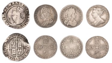 Elizabeth I, Fourth issue, Sixpence, 1572, mm. ermine; Charles II, Sixpence, 1676/5; Anne, S...