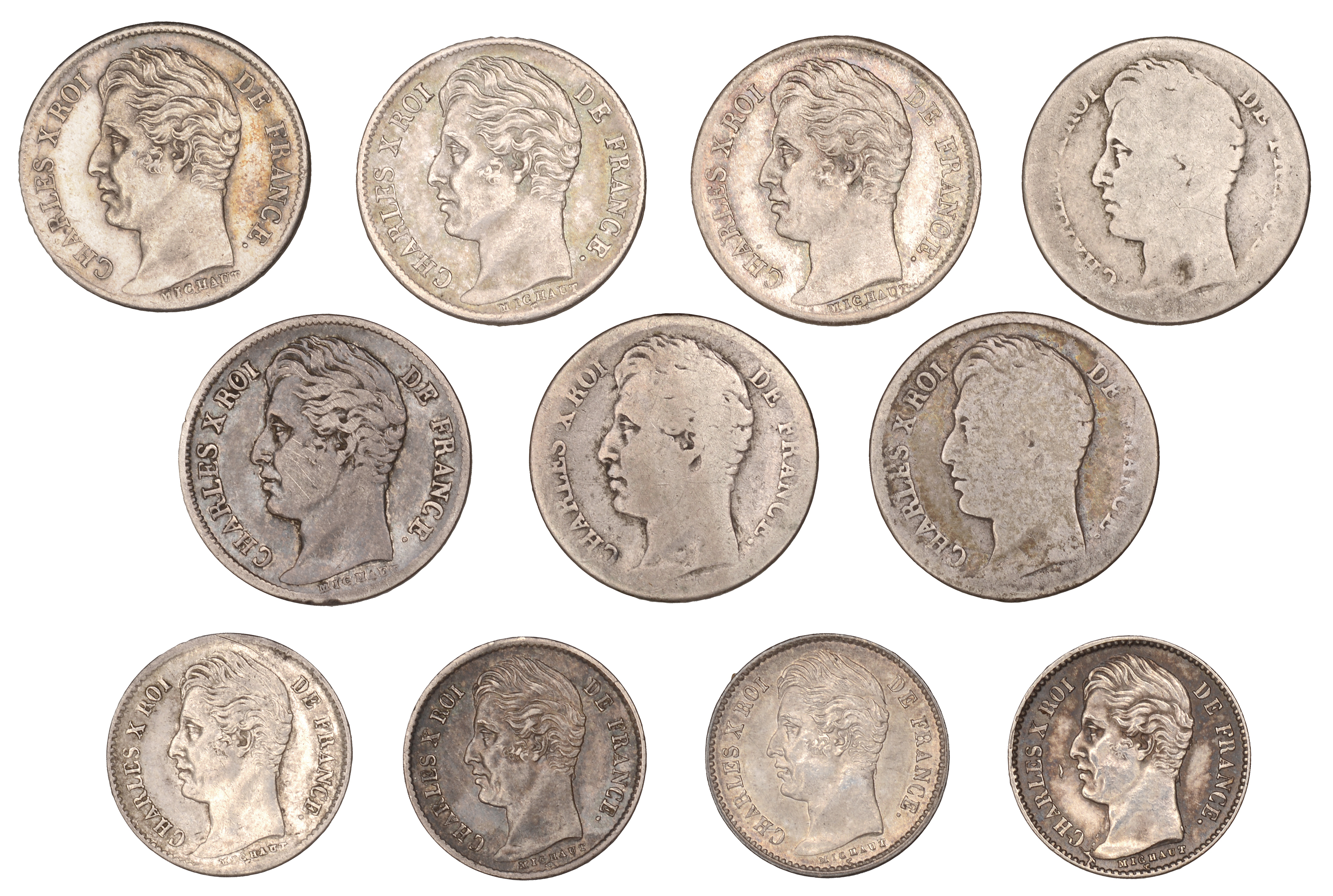 Charles X, Half-Francs (7), 1826q, 1827a (2), 1828h, 1829a, 1829i, 1830a (Gad. 402); Quarter...