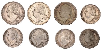 Louis XVIII, 2 Francs (3), 1821a, 1822a, 1824a (Gad. 513); Franc (5), 1816a, 1817a, 1822a, 1...