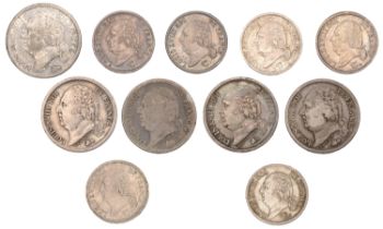 Louis XVIII, Half-Francs (5), 1816a, 1821a, 1822a, 1823a, 1824a (Gad. 401); Quarter-Francs (...